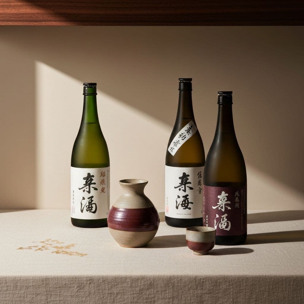 A curated still-life of premium Japanese sake bottles, a deep burgundy ceramic tokkuri vessel and two ochoko cups in the Saketime showroom.